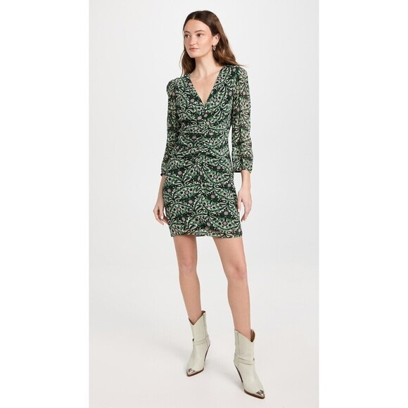 ba&sh Fanny Ruched Mini Dress Size Large Womens Green Paisley Retro V-neck - Picture 1 of 9